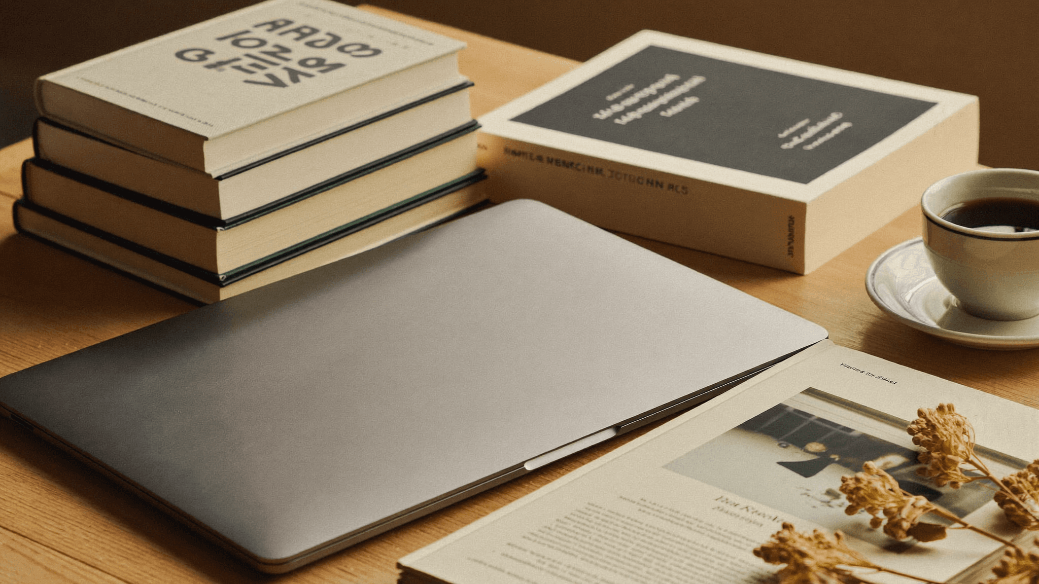 Ordinateur portable fermé, pile de livres et tasse de café sur un bureau d'écrivain