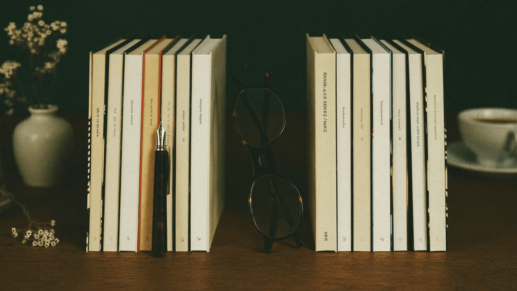 Deux groupes de livres et une paire de lunettes de lecture sur un bureau, comparaison